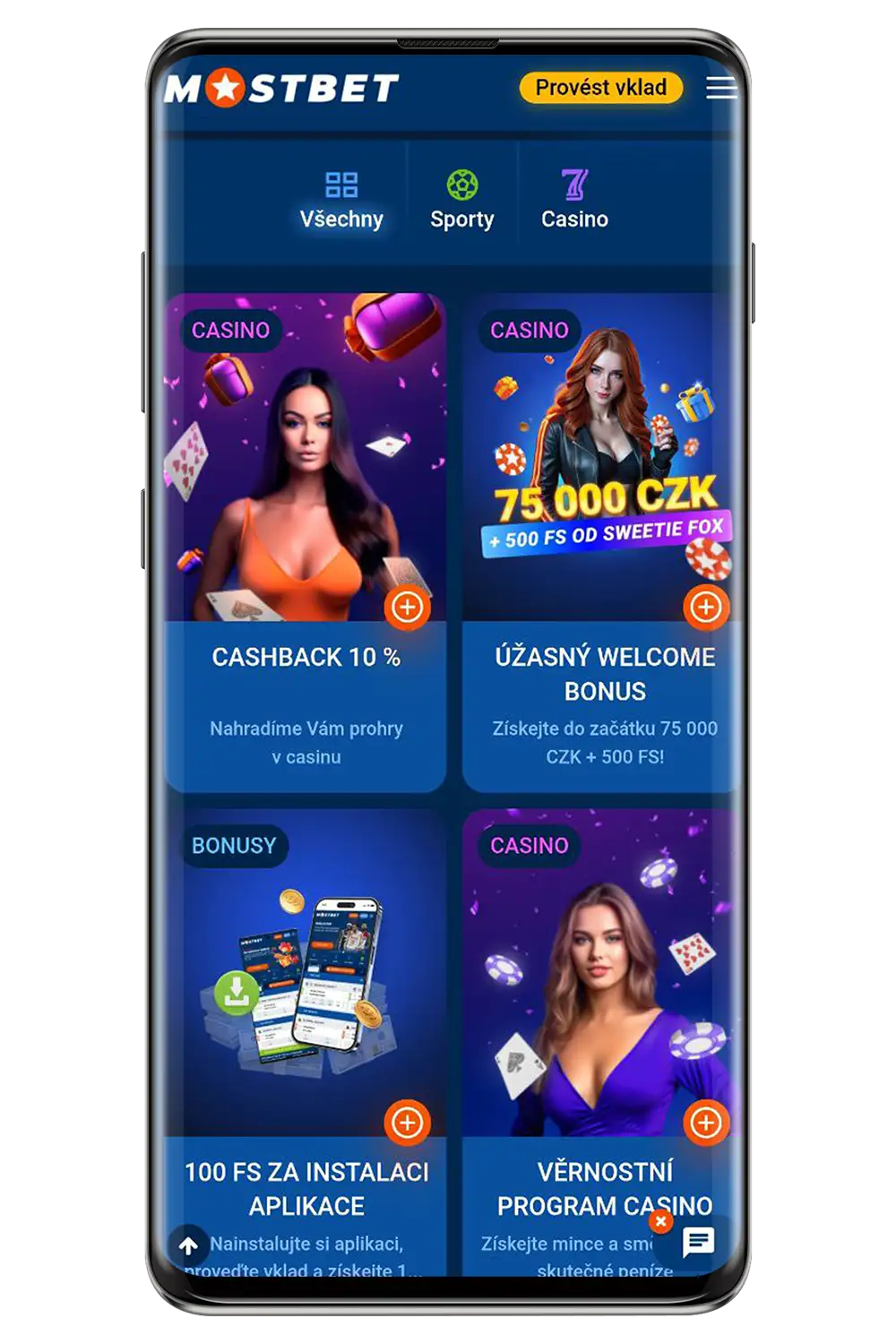 MostBet mobilalkalmazás képernyőképe egy okostelefonon